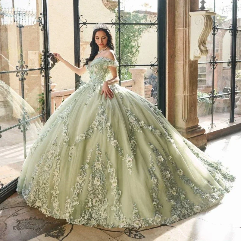 ANGELSBRIDEP-vestidos de quinceañera de color verde salvia, flores brillantes en 3D, apliques de cuentas, vestido de baile de tul de encaje, 16 vestidos personalizados