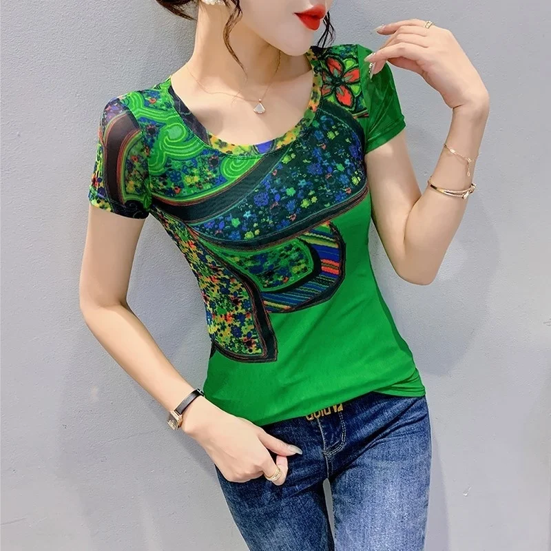 

#5647 Printed T Shirt Femme Sexy Tight T-Shirt Ladies Thin Elastic Mesh O-neck Summer Skinny Short Sleeve T Shirt Women Vintage