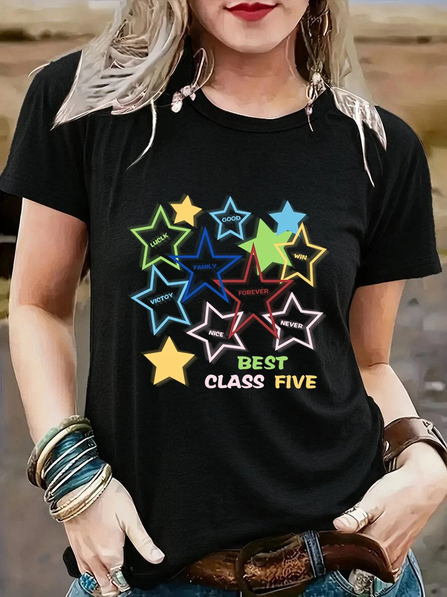 Outfit Vintage T Shirt Several Stars and Best Class Five Print GraphicTops Women's Crew Neck Short Sleeve T-shirt Clothes Female
