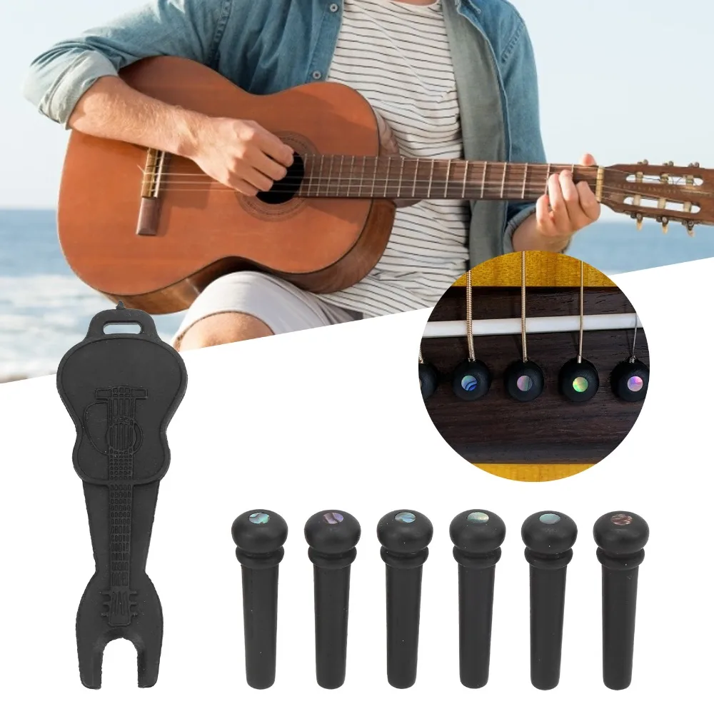 6 púas de puente de ébano para guitarra, diseño ranurado con incrustaciones de abulón, color ébano, para guitarra acústica