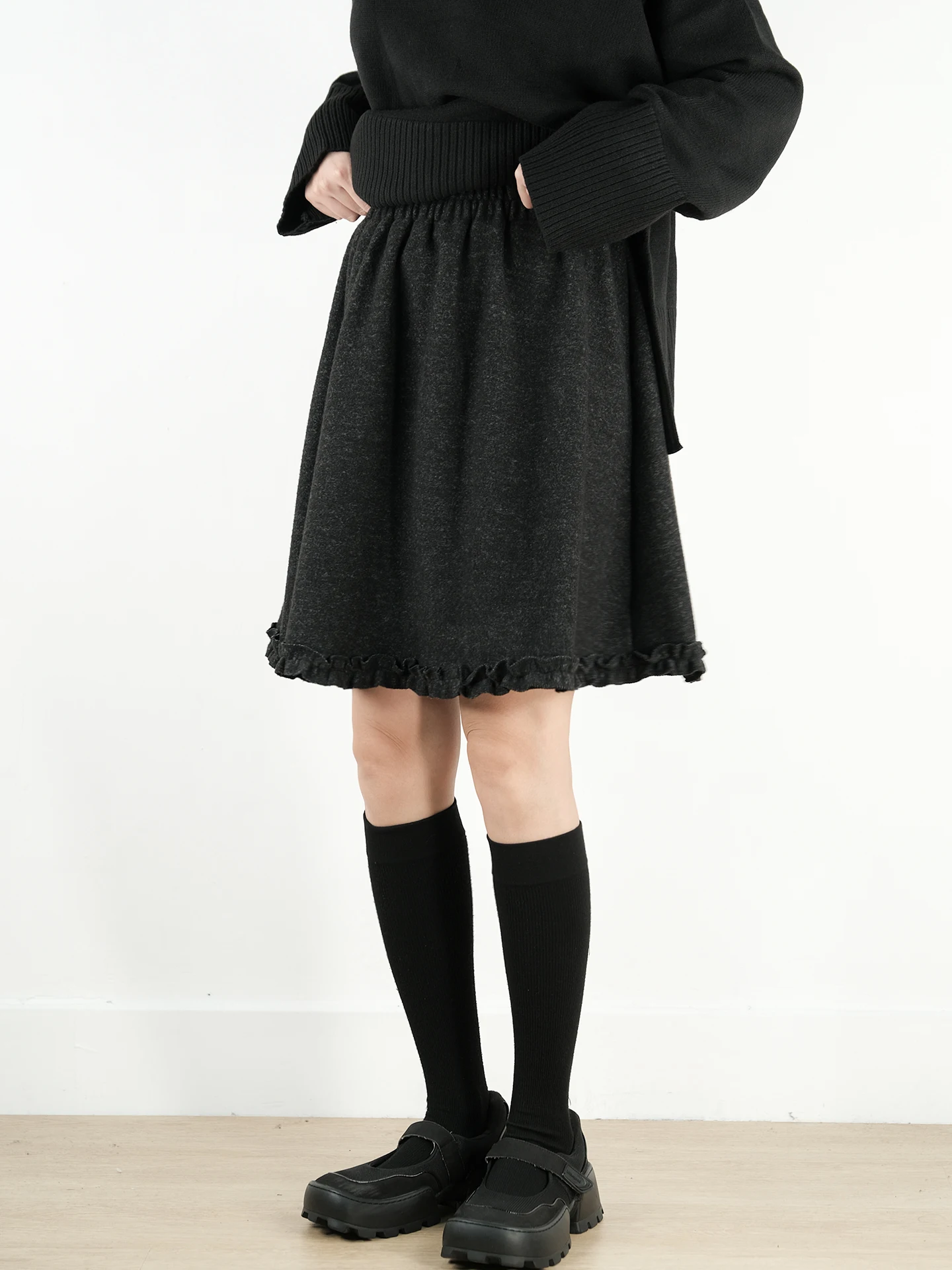 

Мягкая юбка с флисовой подкладкой и деревянной отделкой, простая, элегантная, универсальная женская юбка А-силуэта с высокой талией из смесового хлопка