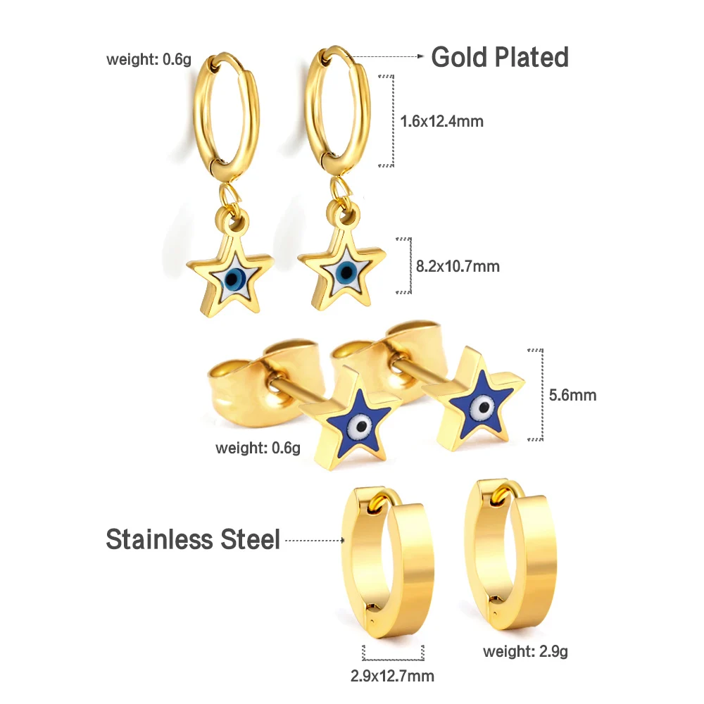 Wholesale Bulk Supply 3Pairs Evil Eye Star Earrings Stainless Steel Gold Enamel Nazar Eye Dangle Hoop Stud Huggie Ear Jewelry