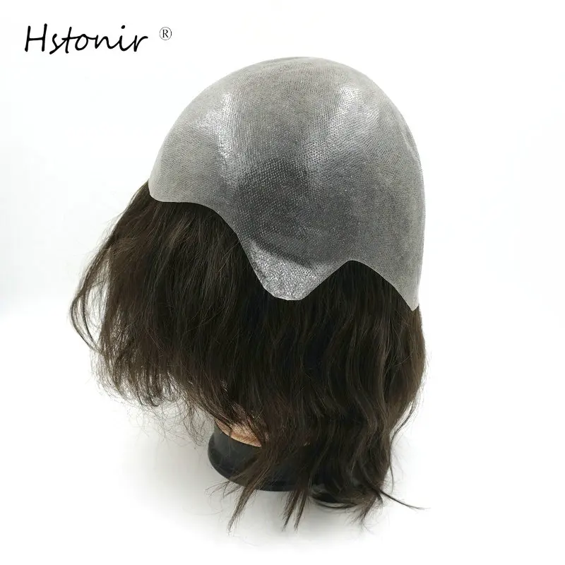 Hstonir-Couverture de perruque en PU, tête complète, cheveux humains, aspect naturel, cheveux noirs pour chauve, pas de brillance, postiche facile à porter, G003