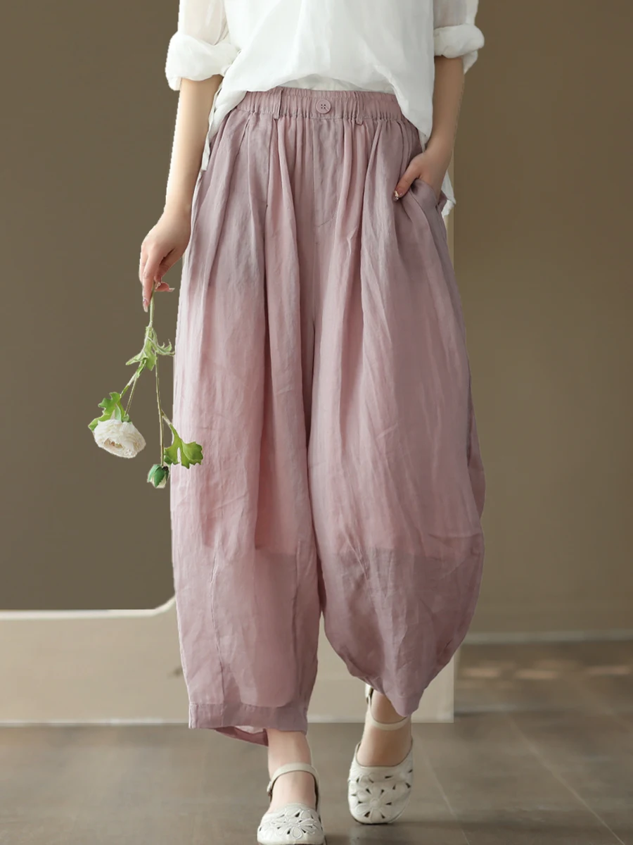 

Художественные однотонные двухслойные брюки-фонарики из конопли, женские летние легкие дышащие эластичные пояса, повседневные хлопковые льняные брюки...