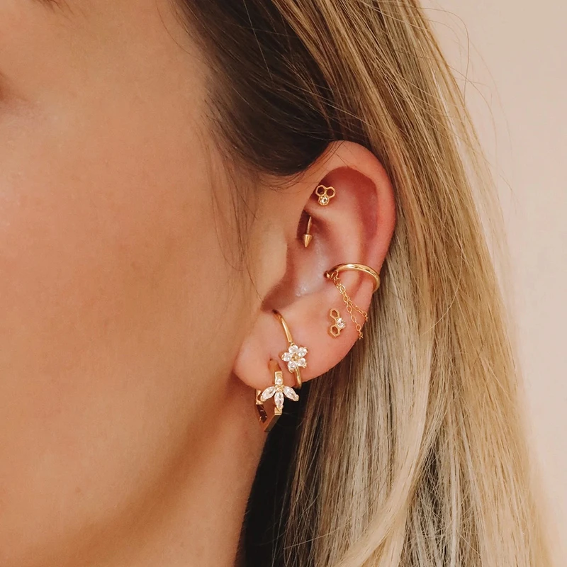 Aide 925 Sterling Silver Sparkling White Zircons Flower Cartilage Earlobe Wrap Earrings For Women Versatile Line Shape Studs