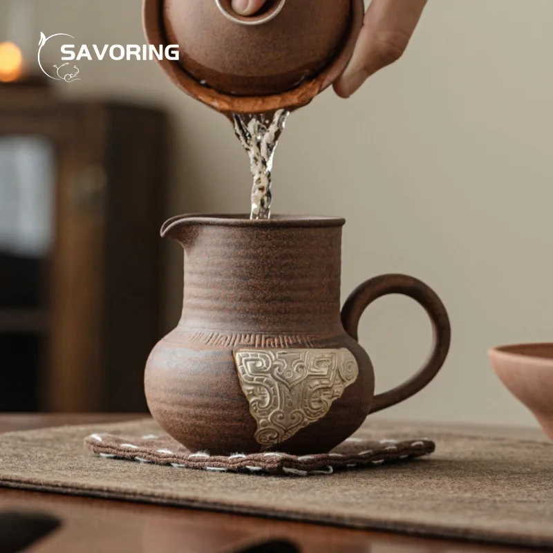 Handmade Old Clay Ceramic Chhai Tea Pitcher Sea Trace Silver Divide Tea Aesthetic Coarse Pottery Cha Hai Puer Tea Ceremony Tool