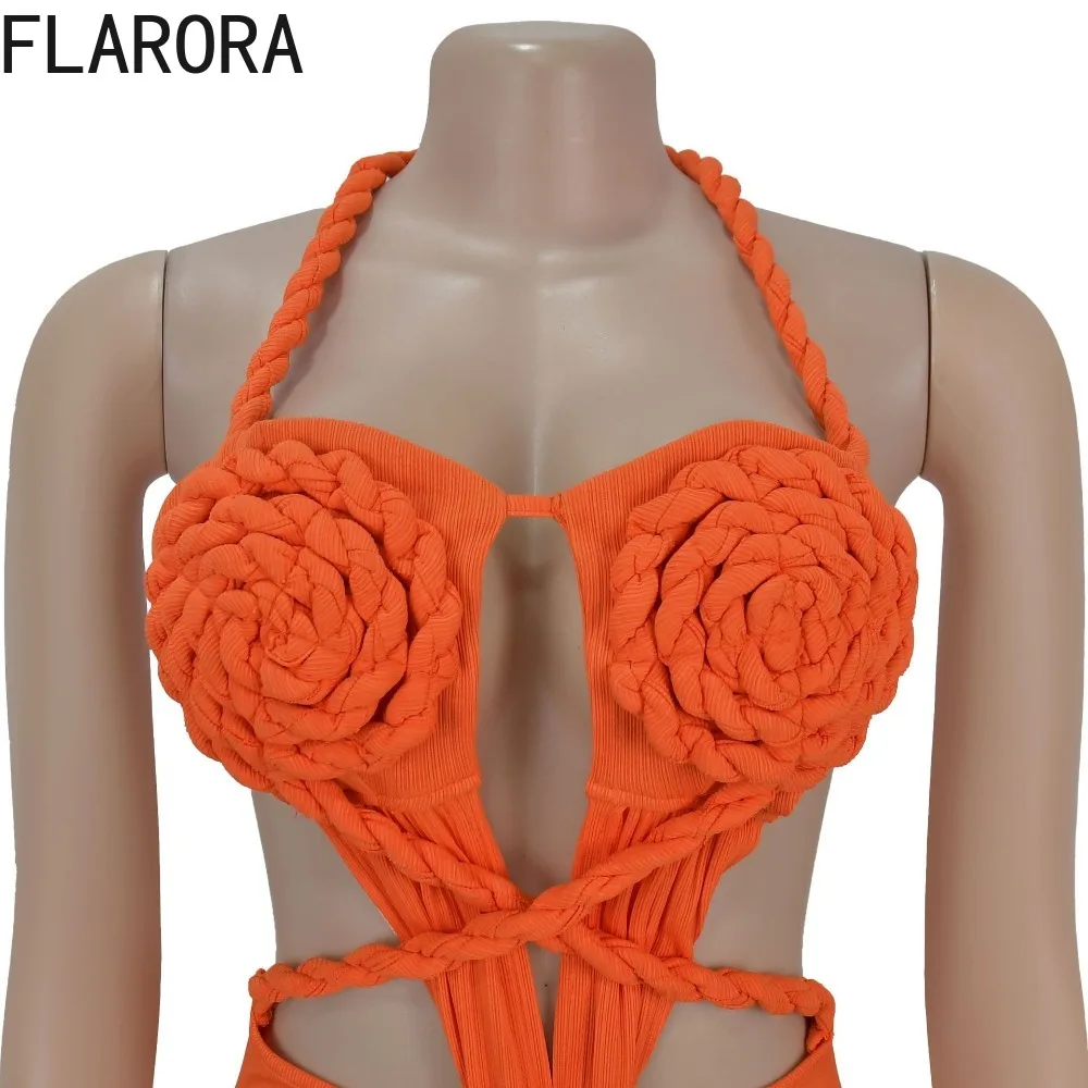 FLARORA Fancy Knit Halter Dress Woman Hollow Out Backless Side Slit Bodycon Maxi Dresses Summer Beach Vacation Party Vestidos