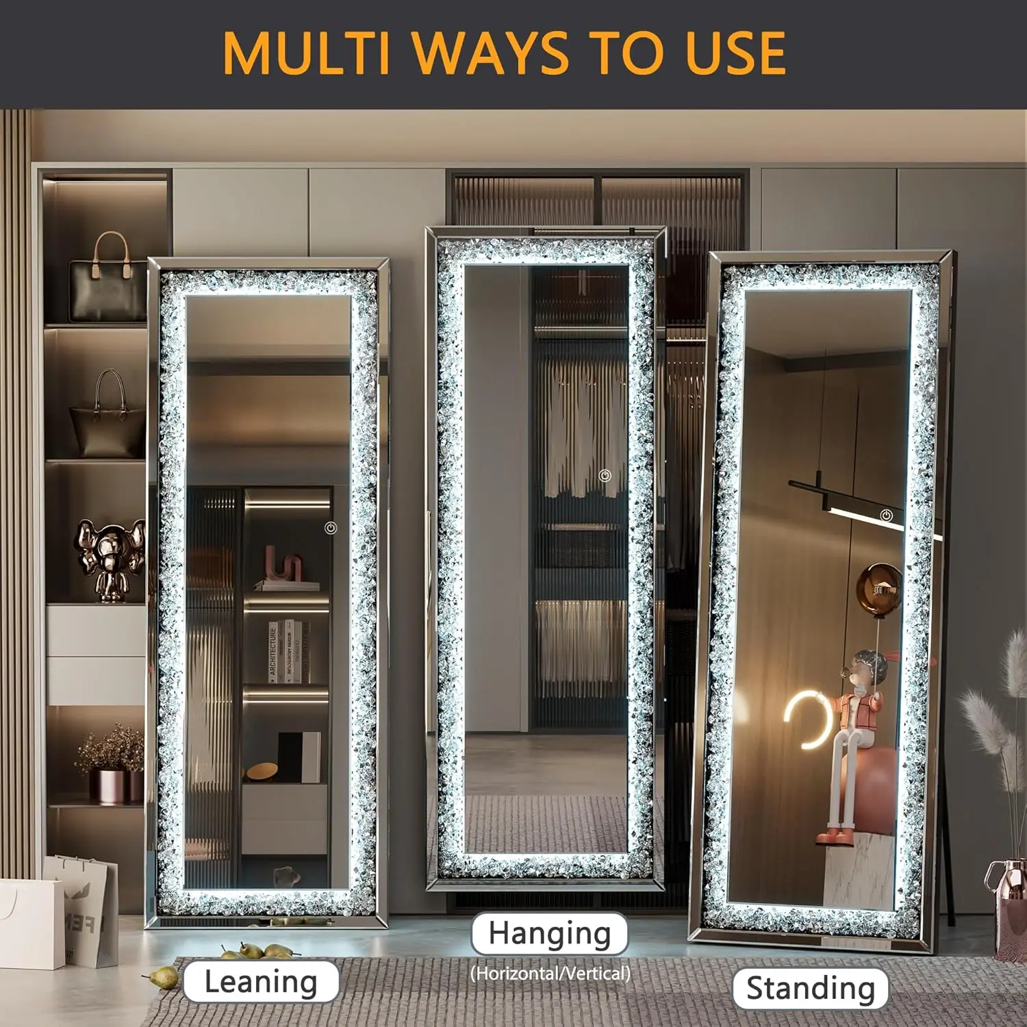 NEW 61"×22" LED Full-Length Mirror Crystal Crush Diamond, Wall Mounted Diamond Mirror Leaning for Living Room Bedroom Dimming