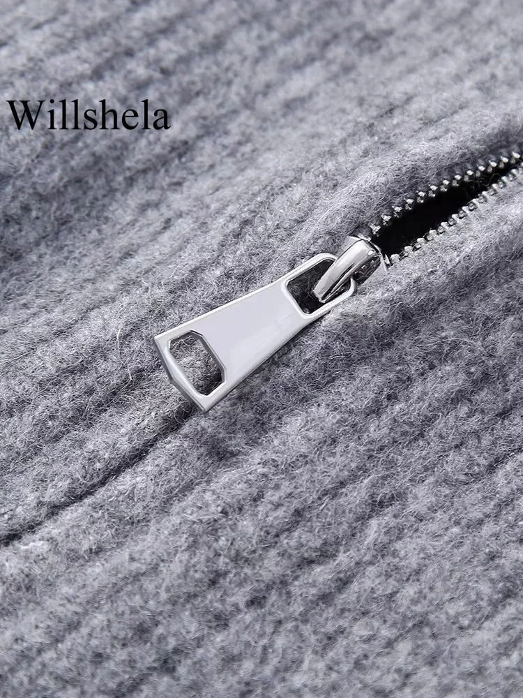 Willshela Women Fashion Grey Front Zipper Knitted Sweater Vintage O-Neck Long Sleeves Female Chic Lady Tops Outfits