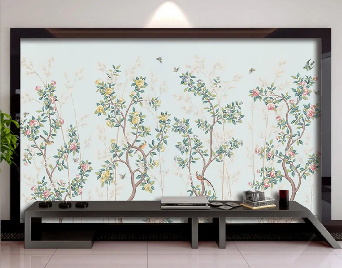 

Индивидуальные обои с ручной росписью цветами и птицами, самоклеящиеся, из холщовой ткани, для спальни, гостиной, фоновые обои для стен.