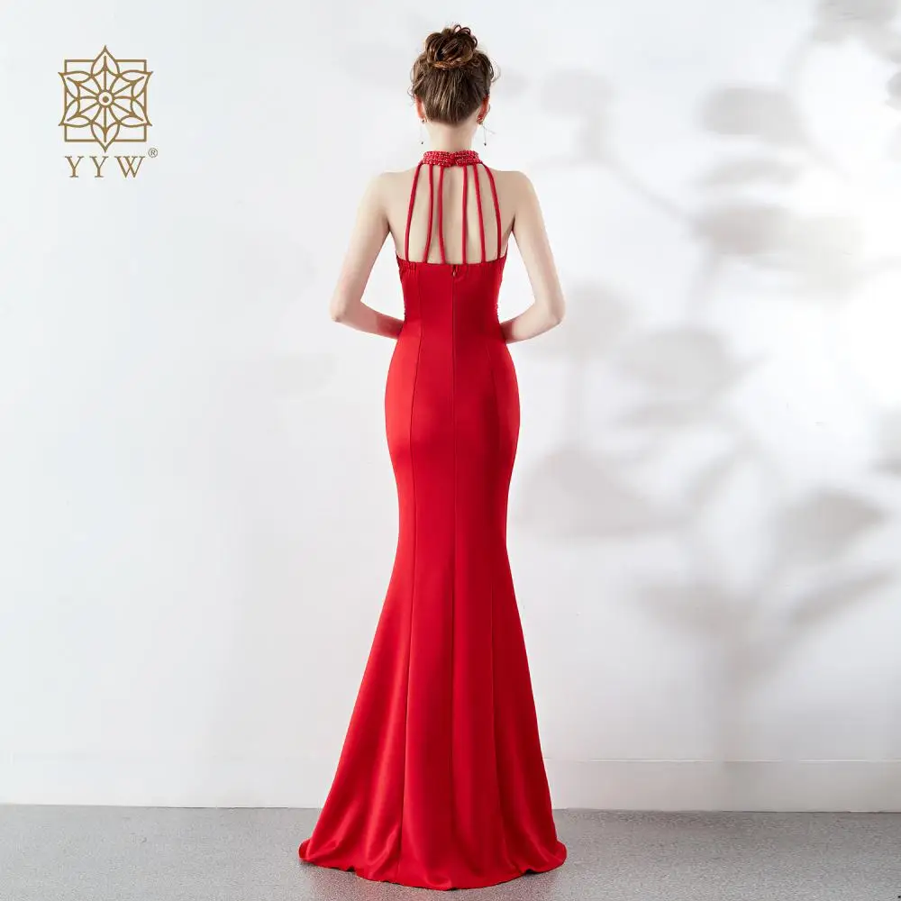 Red New Year Playing Dress For Women Sexy A-Line Backless Wedding Banquet Dress Ladies Elegant Beading Side Slip Evening Vestido