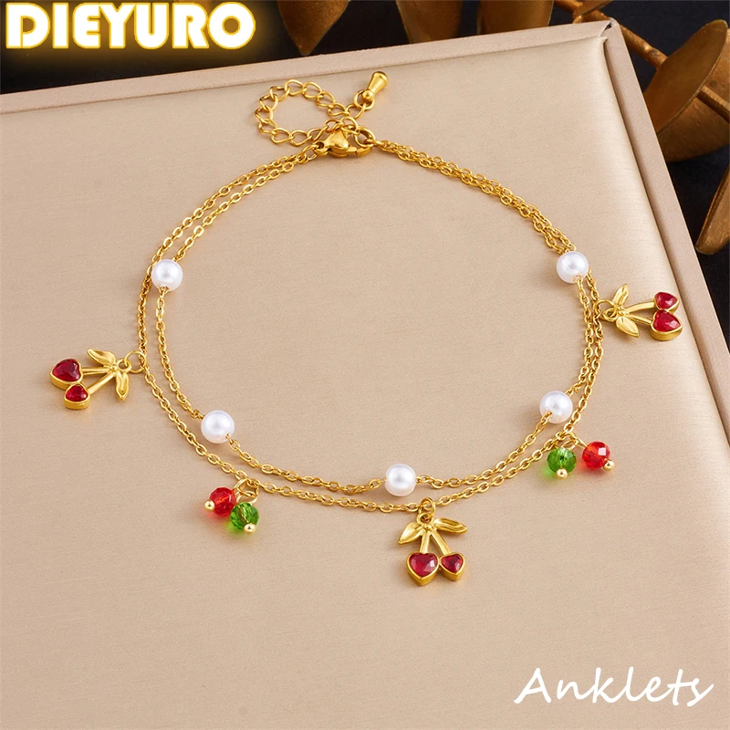 DIEYURO 316L Edelstahl Rote Kirsche Perle Doppel-schicht Fußkettchen Für Frauen Neue Mode Wasserdichte Fuß Ketten Schmuck Geschenk