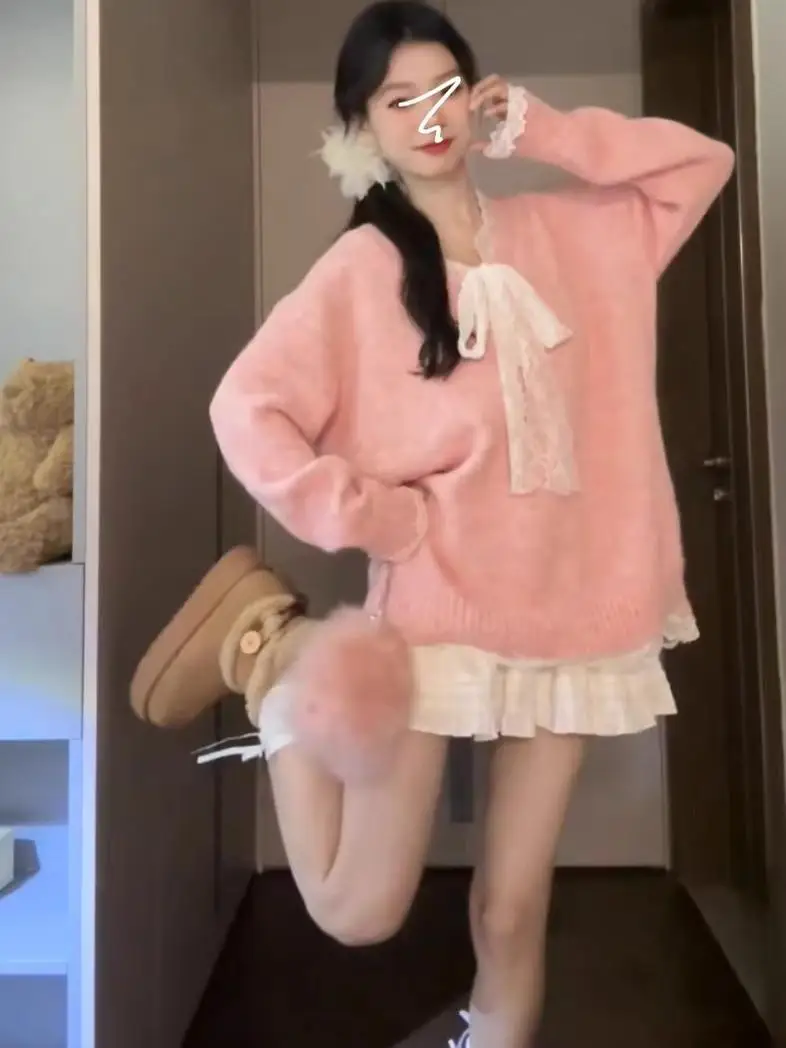 

Pink Lace Knot Knitted Sweater Women's Casual Loose Top Autumn Winter Comfortable Breathable Soft Thiened Fabric