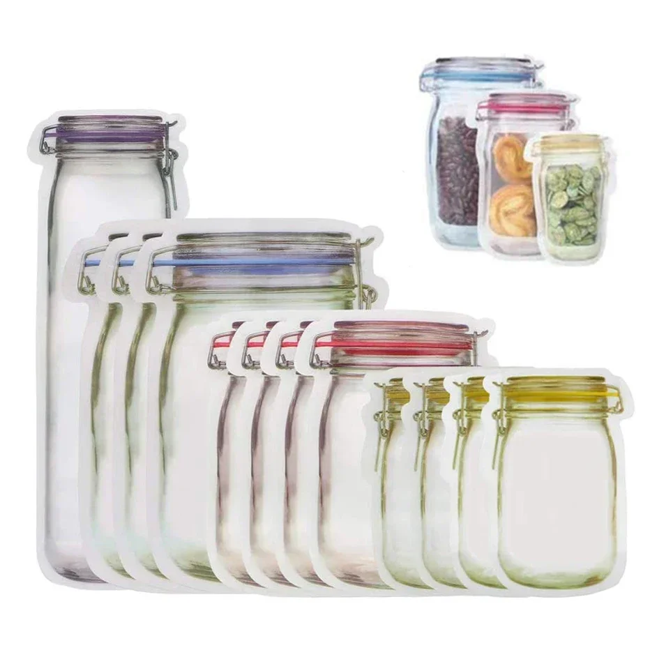 Mason Jar Shape Storage Bags Cookie Snacks Candy Bag Fresh Zipper Seal Food Storage Bag Reusbale Stand-up Organzier