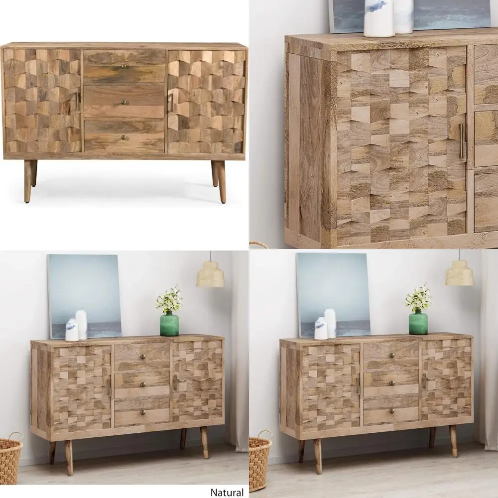 

Mid-Century Modern Mango Wood 3 Drawer Sideboard with 2 Doors, Natural Finish