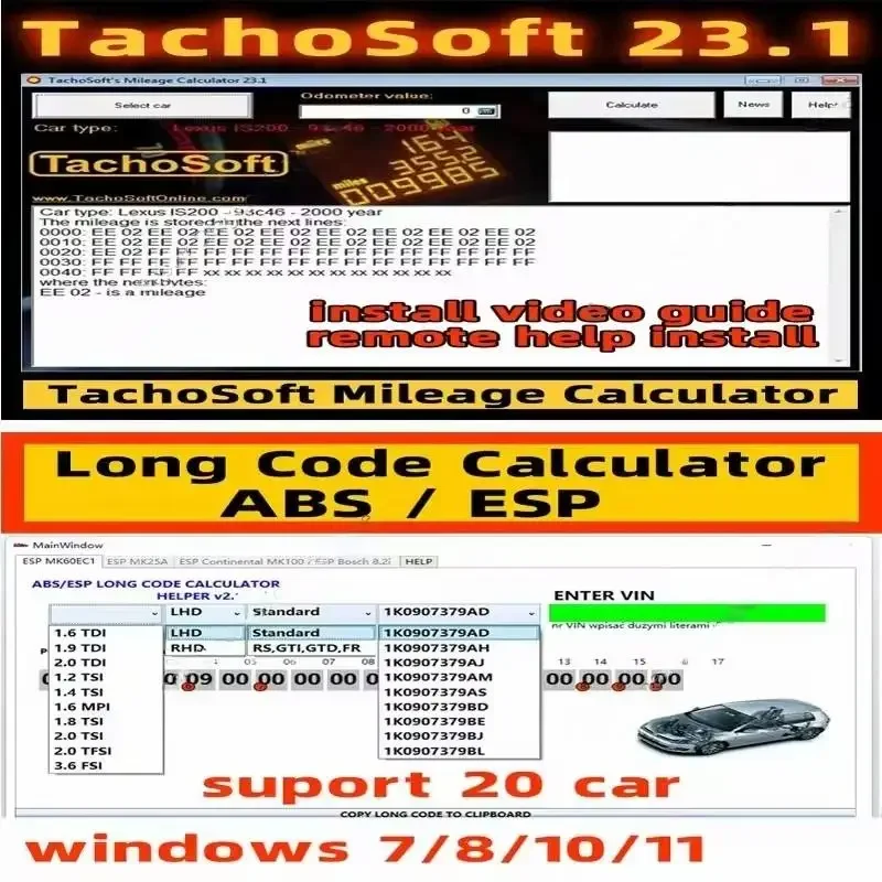 أحدث آلة حاسبة برمز طويل Vw Abs Esp لعام 2025 + آلة حاسبة الأميال Tachosoft 23.1 معايرة عداد المسافات الرقمي المرخص