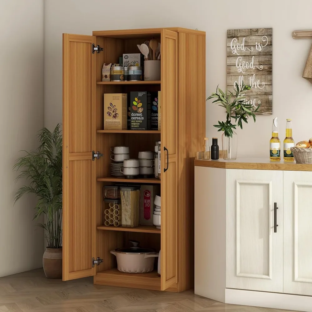 2-Door Kitchen Pantry, Freestanding Storage Cabinet with 5-Tier Shelving and 2 Adjustable Shelves for Dining Room