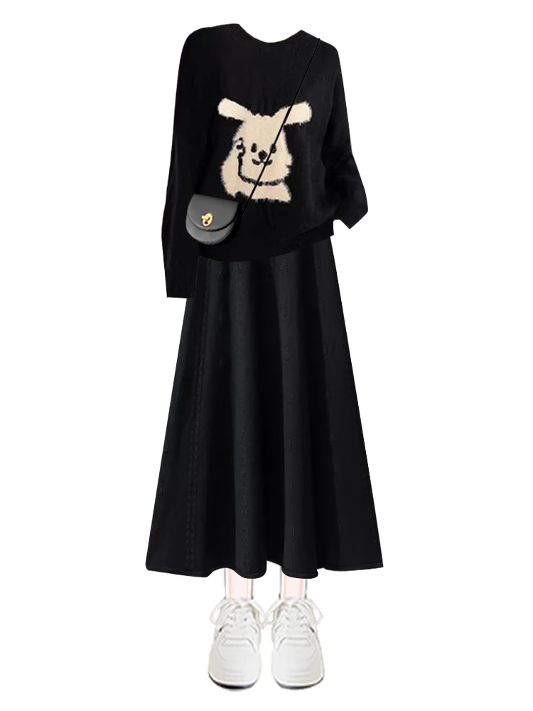 가을 겨울 여성 패션 니트 스웨터와 스커트 세트 토끼 프린트 롱 스웨터 라운드 넥 미디 길이 A라인 스커트