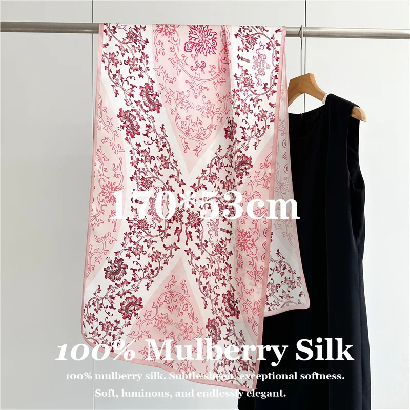 

100% Mulberry Silk Scarf Sunscreen Shawl Wrap Elegant Floral Design 170*53cm for Gift Mother Luxury Skin-friendly Scarves Poncho