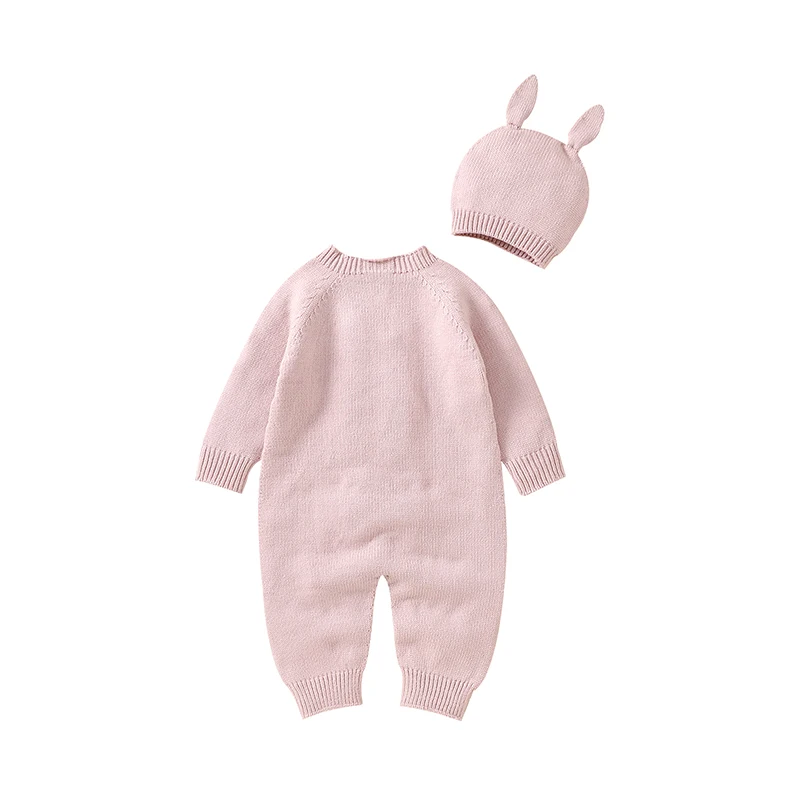 0-18m Baby Rompers Jumpsuits Fashion Solid Color Knitting Newborn Infant Boys Girls Playsuits Hats Clothes Autumn Winter Outfits