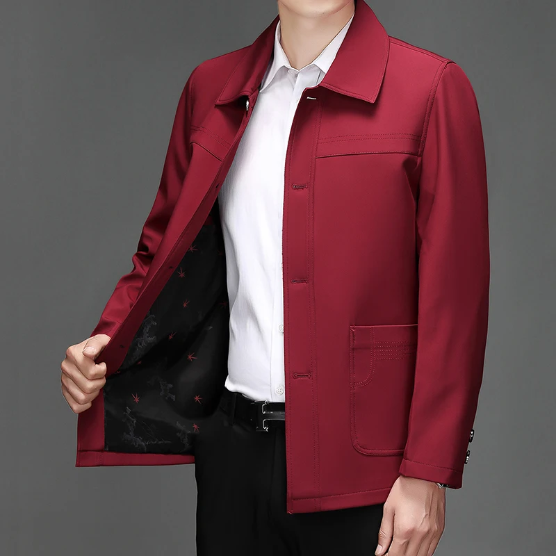 2026 New Black Men's Long-sleeve Collared Jacket, Autumn Red Single-breasted Casual Coat, Navy and Khaki Tops.
