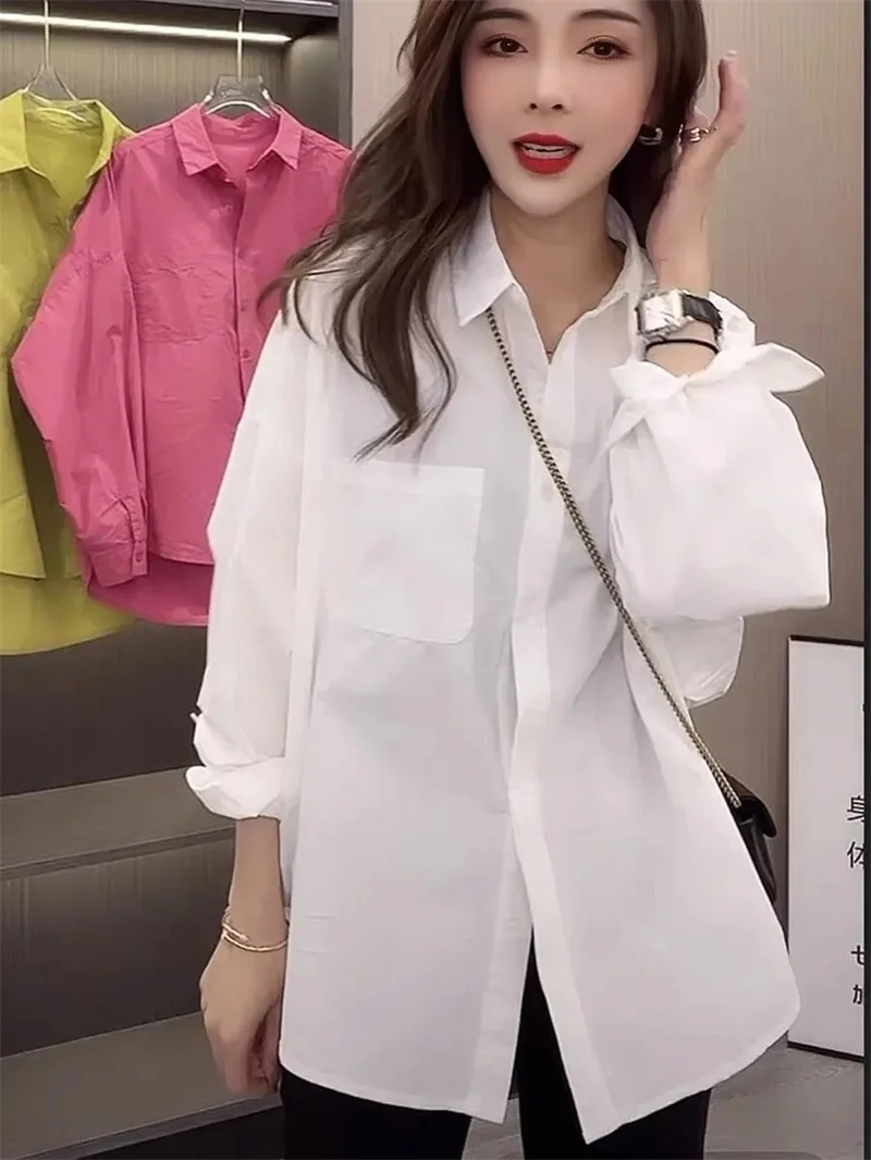 

2026 Female Medium Long Styles Blouse Coat Spring Autumn Women Leisure Cardigan Blouse Korean Ladies Long Sleeves Shirts Tops