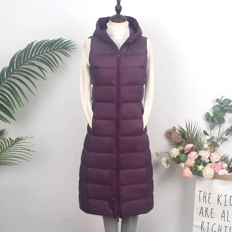 2025 New Autumn Winter Hooded Waistcoat Women Ultra Light Thin White Duck Down Vest Coat Ladies Sleeveless Warm Long Tank Parkas
