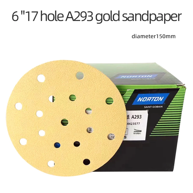 Papel de lija dorado NORTON A293, papel de lija seco de 6 pulgadas y 17 agujeros, masilla redonda flocada de 150mm para coche, papel de lija con virutas de lijado de madera, grano 80-500