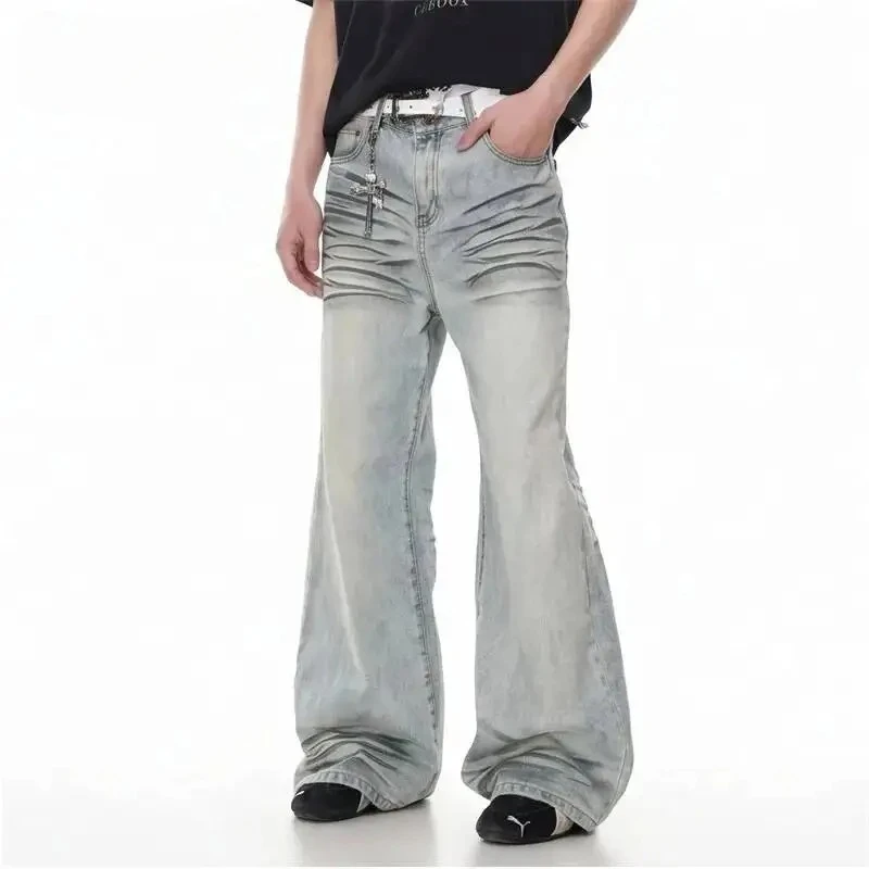 

American High Street Vibe Style Men's Jeans Three Dimensional Wide Leg Denim Long Pants Flared Floor Length Trousers