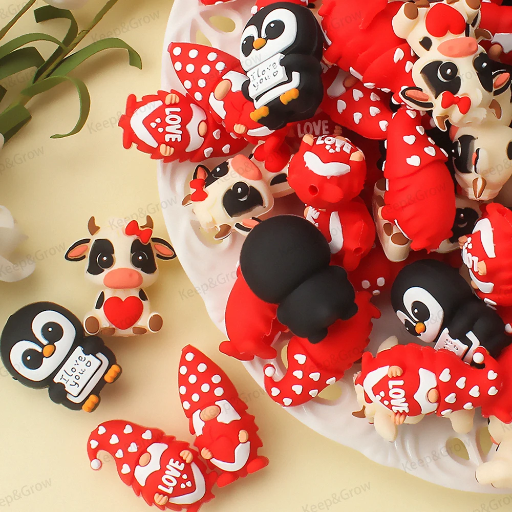 5/20/50 قطعة موضوع عيد الحب ثلاثية الأبعاد سيليكون الخرز القلب البقرة جنوم البطريق البؤري الخرز لصنع المجوهرات لتقوم بها بنفسك زوجين مجموعة لطيف