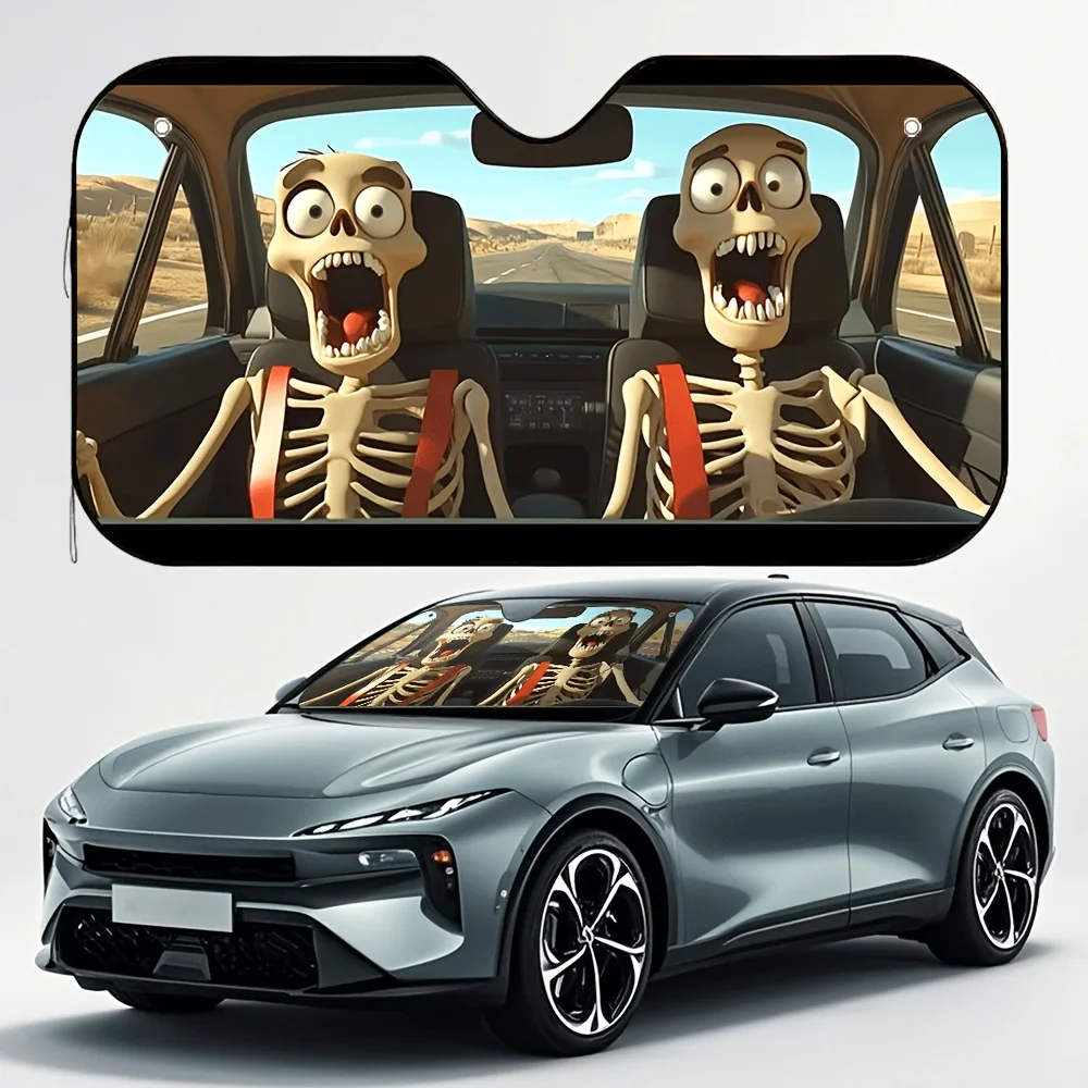 1pc Halloween Skeleton Road Design Car Sunshade – Stylish & Foldable, Keeps Your Car Cool, Easy Installation With 4 Suction Cups