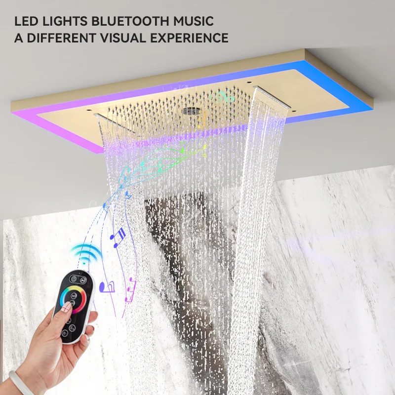 Cross-border Export Modern Minimalist Brushed Concealed Ceiling-mounted Thermostatic In-wall Shower Set Copper Music Spray