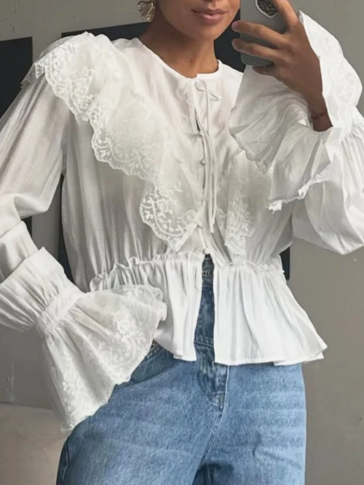 

Elegant Flare Sleeve Ruffle Edge Shirt Tops Women Lace Patchwork O-neck Loose Lace Up Tops Female Summer Chic Casual Top Shirts