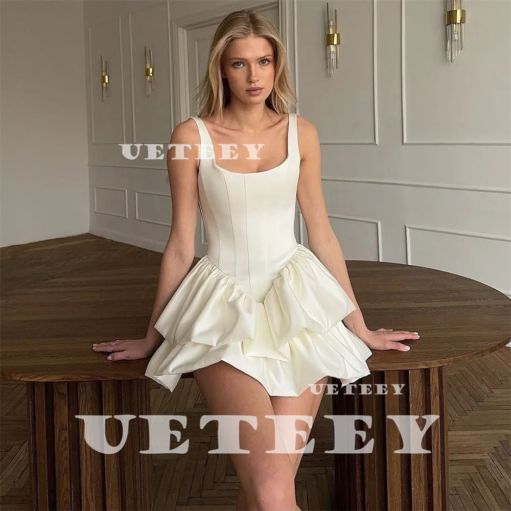 

UETEEY Customized Simple Tiered Square Neck Satin A Line Mini Wedding Dress Zipper Back Above Knee Bridal Gown Party Dress