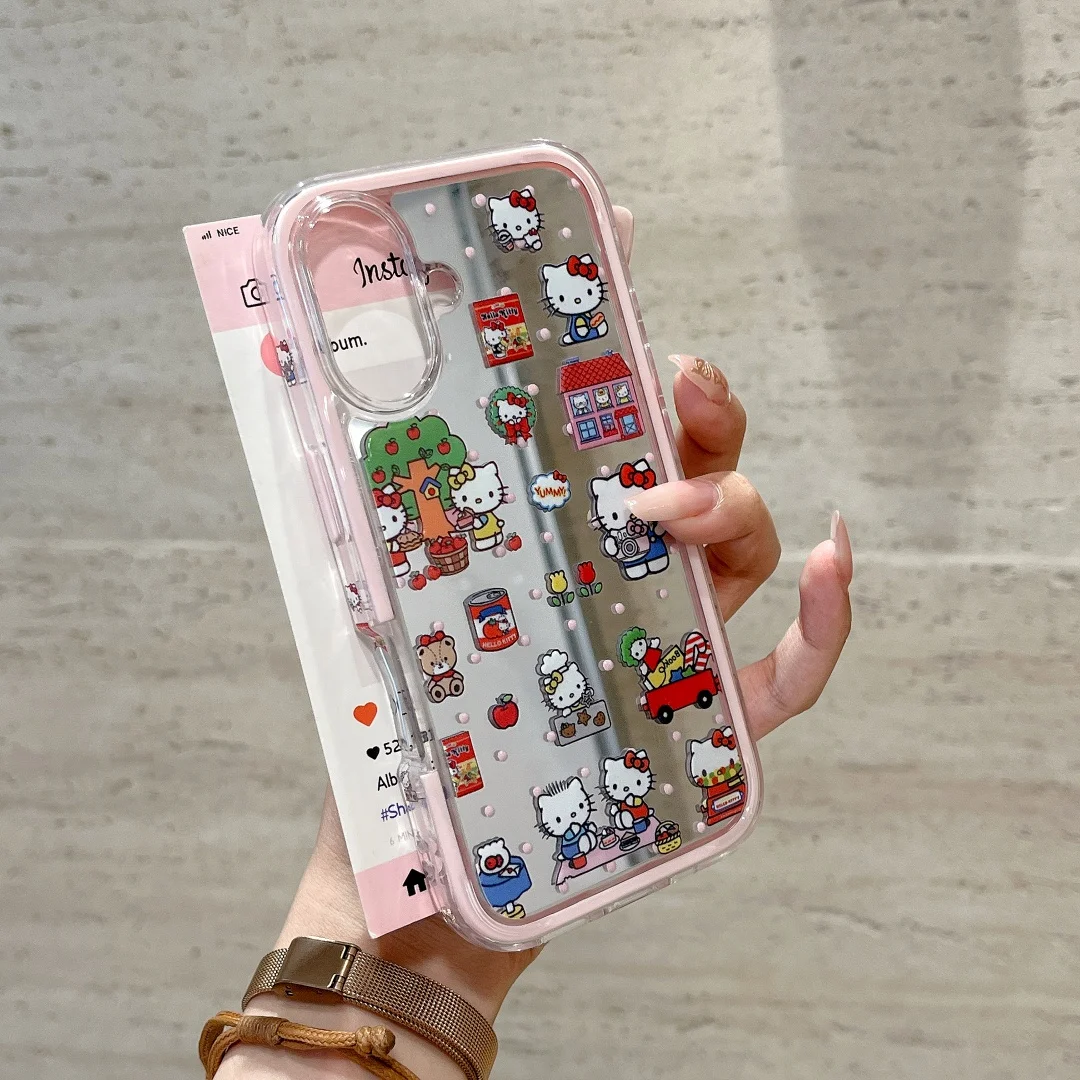 

Illustration Daily Life Hello Kitty mirror Cartoon Pattern with Magnetic Bracket Case For iPhone 16 15 14 13 Pro Max Cover﻿﻿