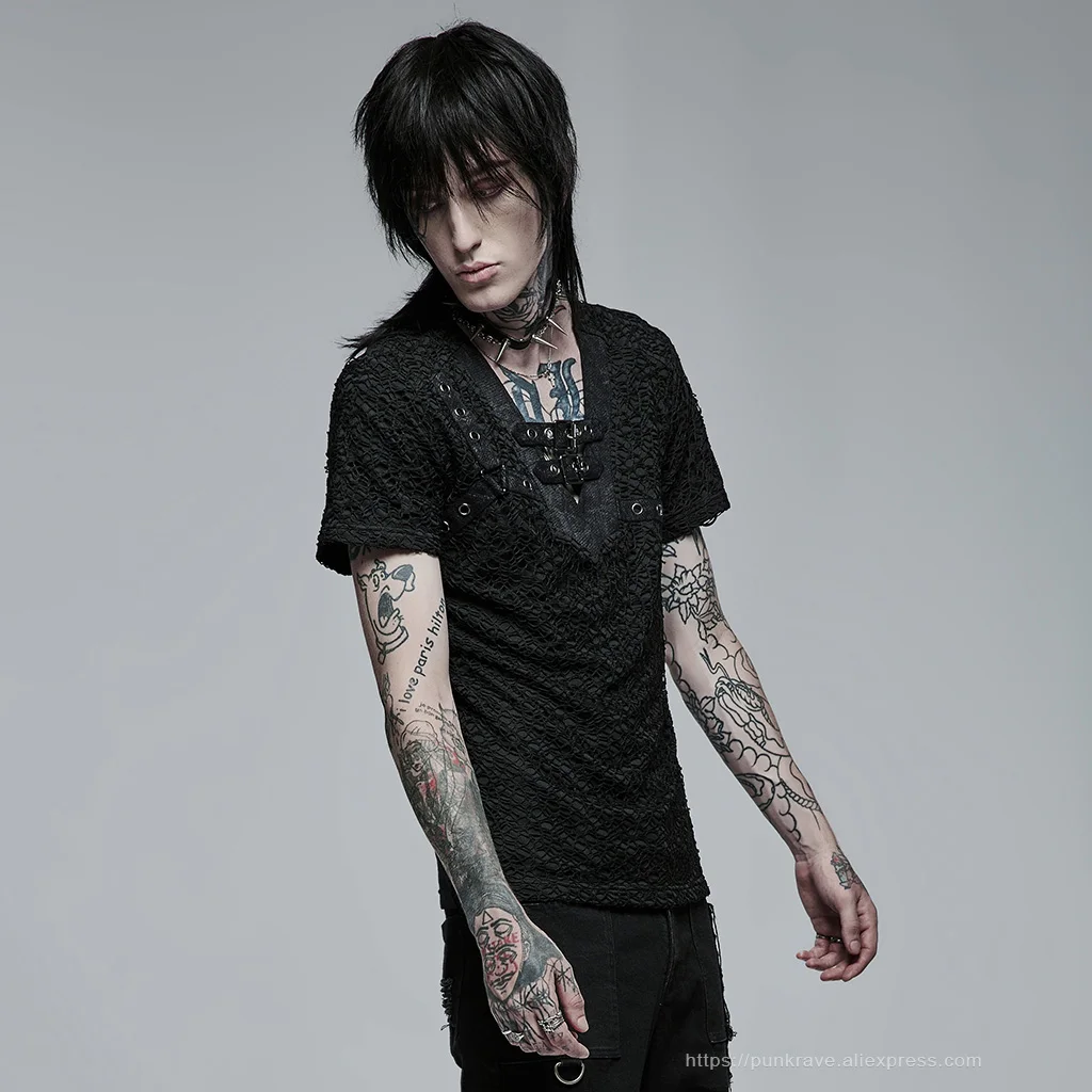 PUNK RAVE Men's Gothic Daily Personality Stylish Mesh V-neck Short