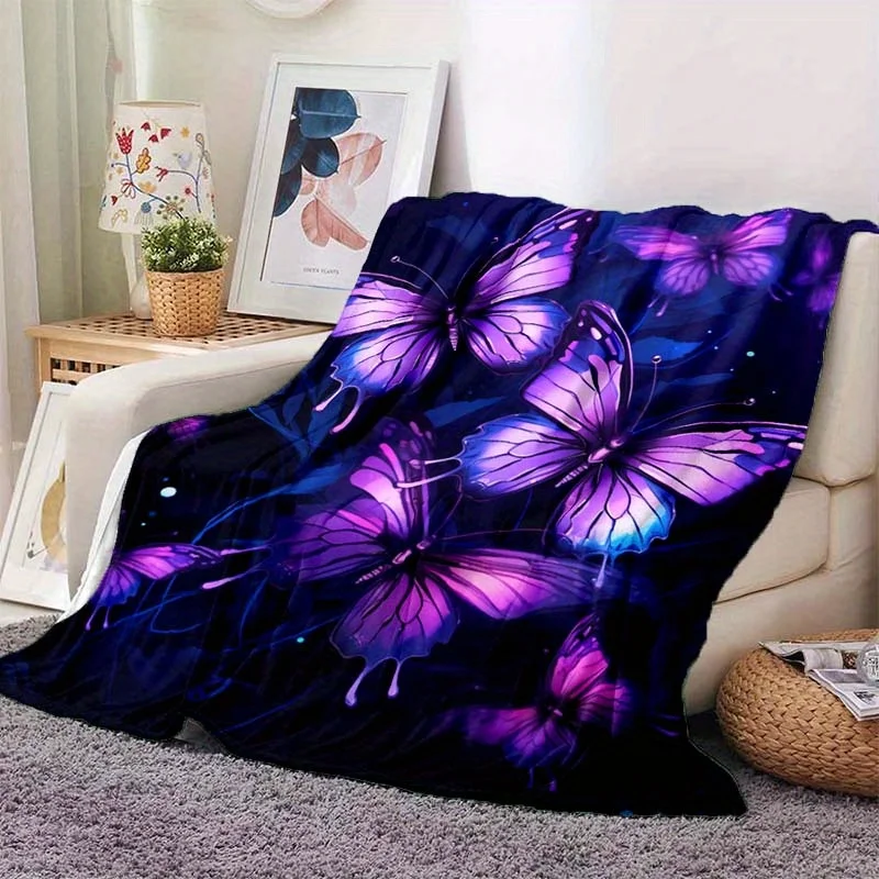 Customize 1pc Purple Butterfly Blanket For Home - Lightweight Flannel Throw For Sofa, Bed, Travel, Camping, Living Room, Office,