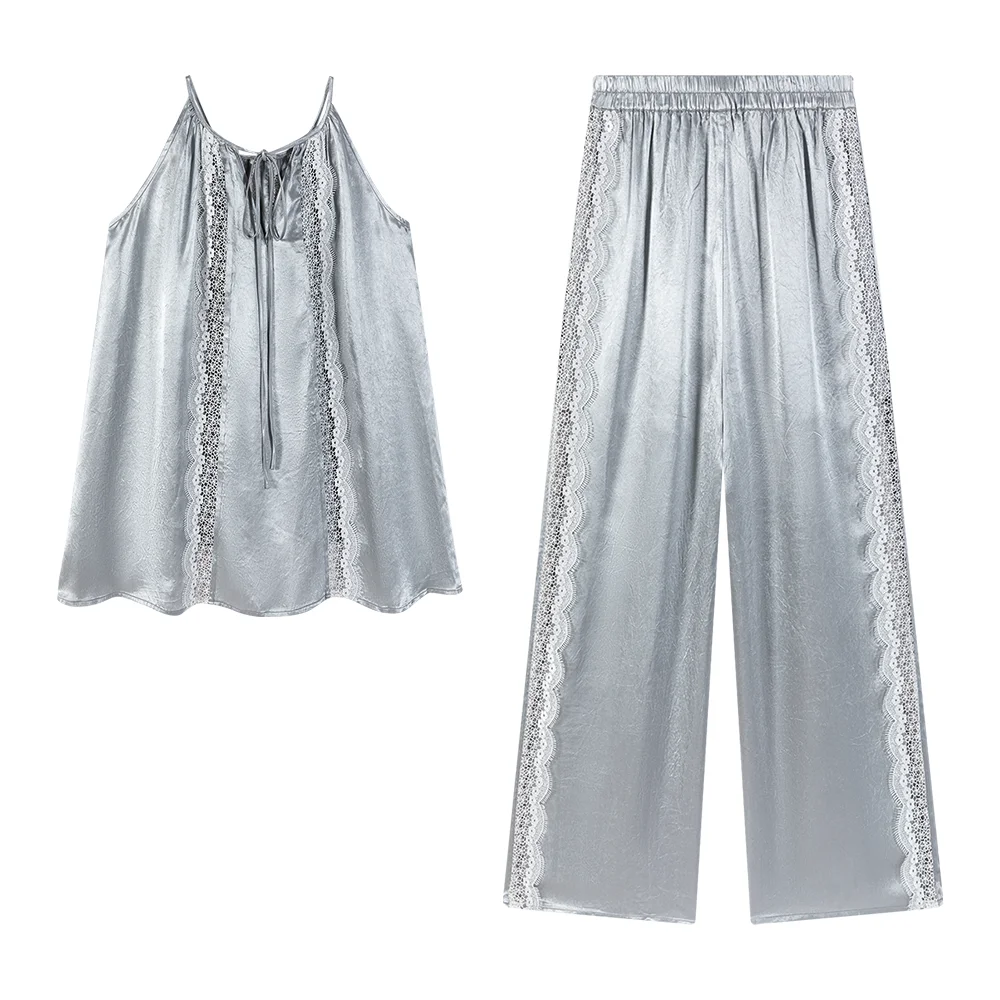 Silver Snow Grass Color Acetate Suit Cut Out Lace Splicing Design Top/Straight Wide Leg Pants