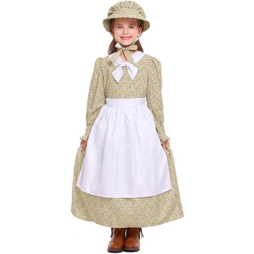 Umorden American Colonial Prairie Pioneer Girl Costume for Kids Child Tween Teens Girls 4-14Y Green Floral White Bowknot Collar