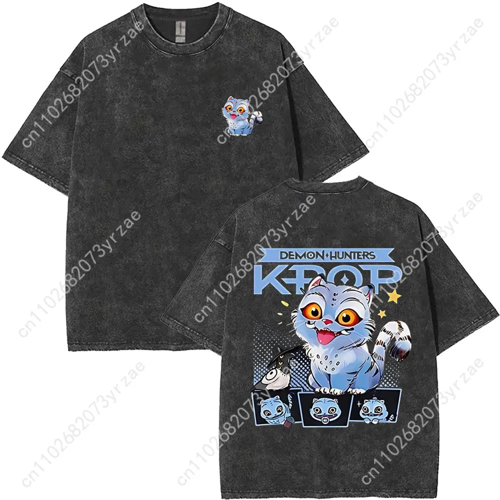 Kpop Demon Hunters rétro lavage t-shirt homme femme haute qualité Vintage t-shirt mode coton manches courtes doux dessus respirants