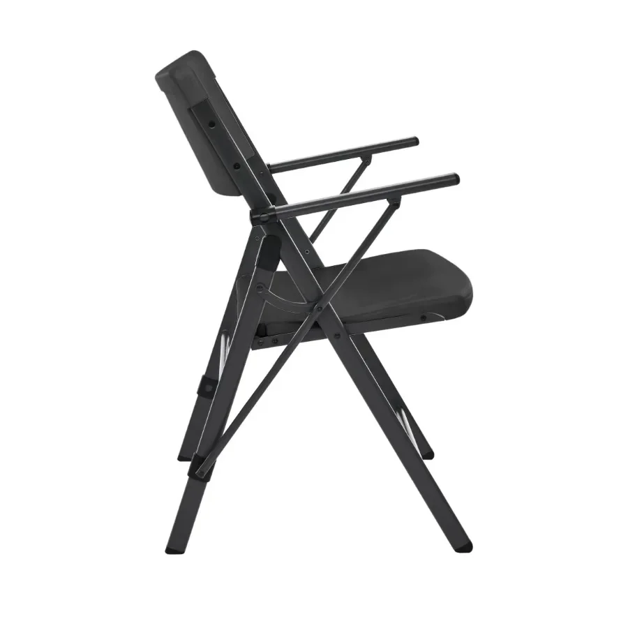 2-pack of black commercial plastic folding chairs with armrests for indoor and outdoor use, lightweight design, easy to clean