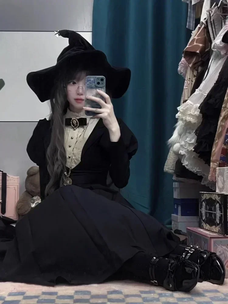 2025 جديد القوطية الشرير الظلام نمط لوليتا فستان المرأة Harajuku خمر أسود طويل فقاعة كم الخصر Cinched فستان الخريف الشتاء