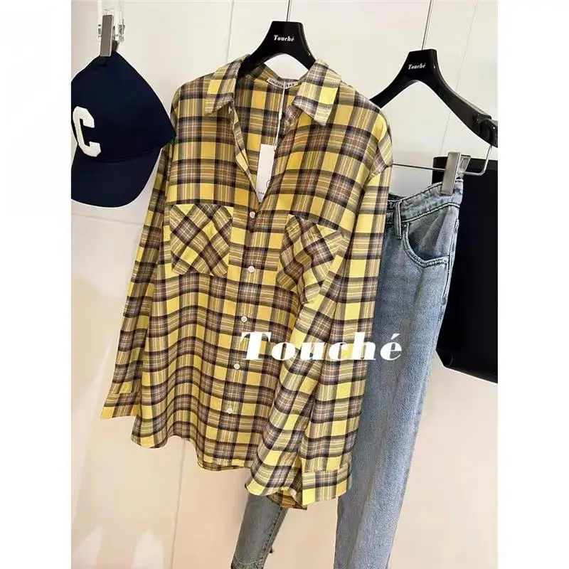 

Желтый клетчатый длинный све, свободный женский светильник в стиле ретро, полиэфирное волокно, без бренда, весна-лето, женский премиум-класса irt