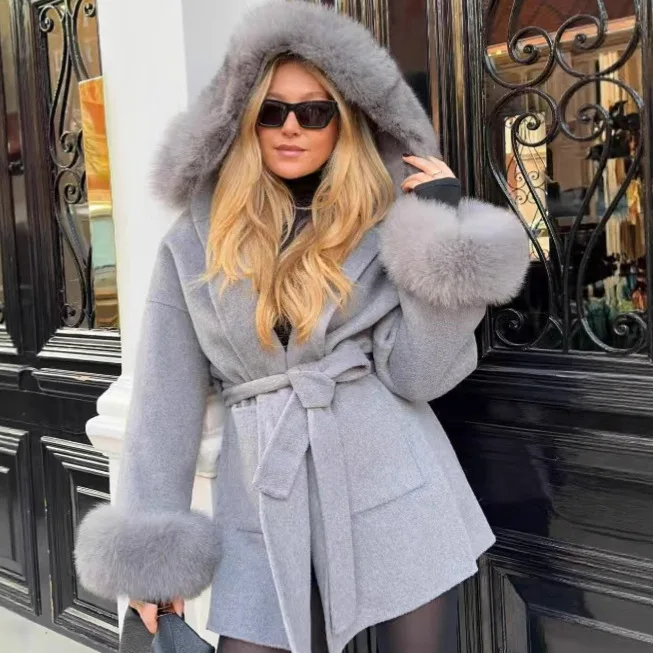 

Элегантное однотонное пальто с капюшоном из искусственного меха, женское свободное повседневное пальто с длинными рукавами на шнуровке, осень 202, новая женская модная уличная одежда