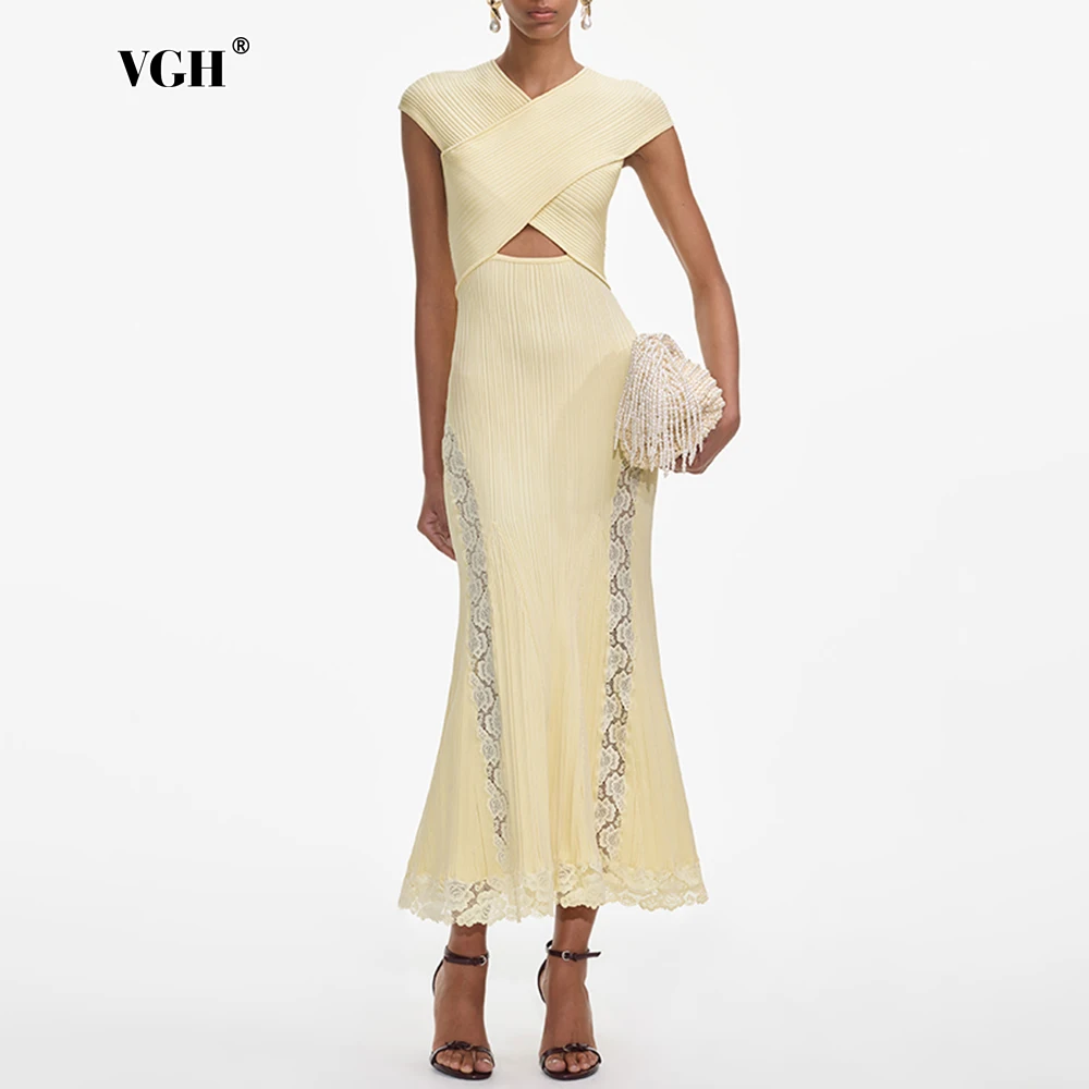 

VGH Elegant Lace Printing Solid Long Dresses For Women V Neck Short Sleeve High Waist Hollow Out Temperament Dress Female New