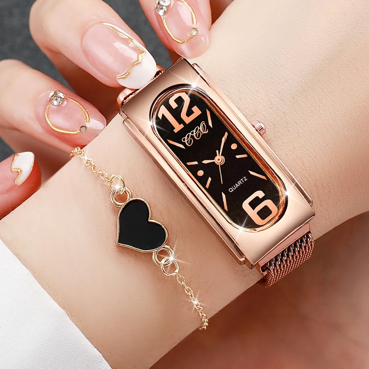 Fashion Rectangle Women's Quartz Watch Magnet Buckle Mesh Band Watches Bracelet Set
