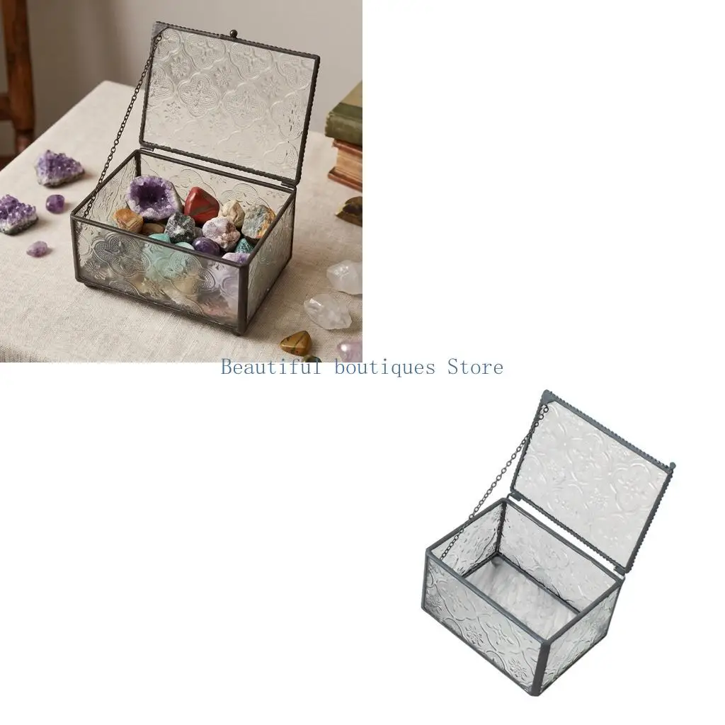 U4LF Small Glass Jewelry Box with Embossed Pattern Panels and Dark Metal Frame, Hinged Accessory Storage Box for Vanity, Shelf
