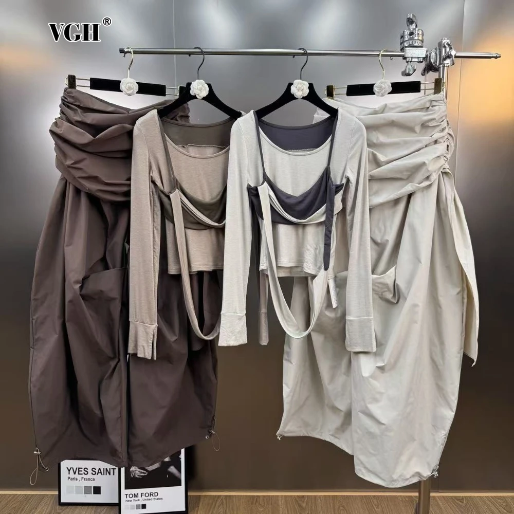 

VGH Hot Girl Two Piece Set for Women O Neck Long Sleeve Spliced Ribbon Tees High Waist Folds Design Wide Leg Pant Suit Female