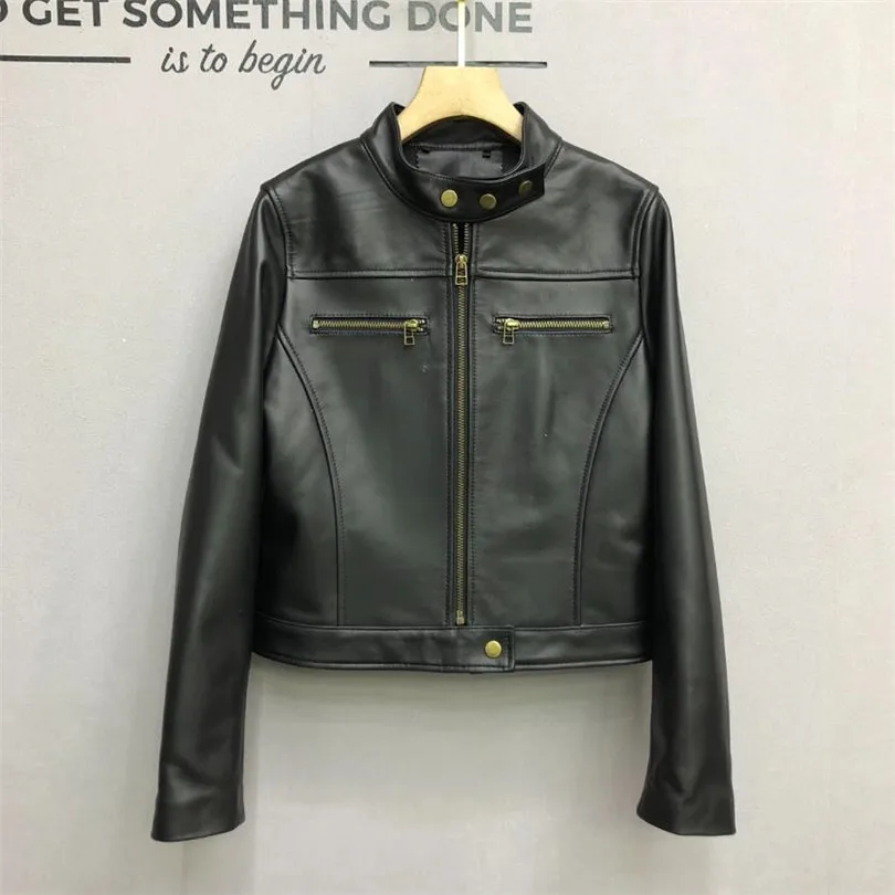 2023 Autumn New Fashion Genuine Leather Jacket for Women Loose Short Moto Biker Sheepskin Leather Coat female Y4219