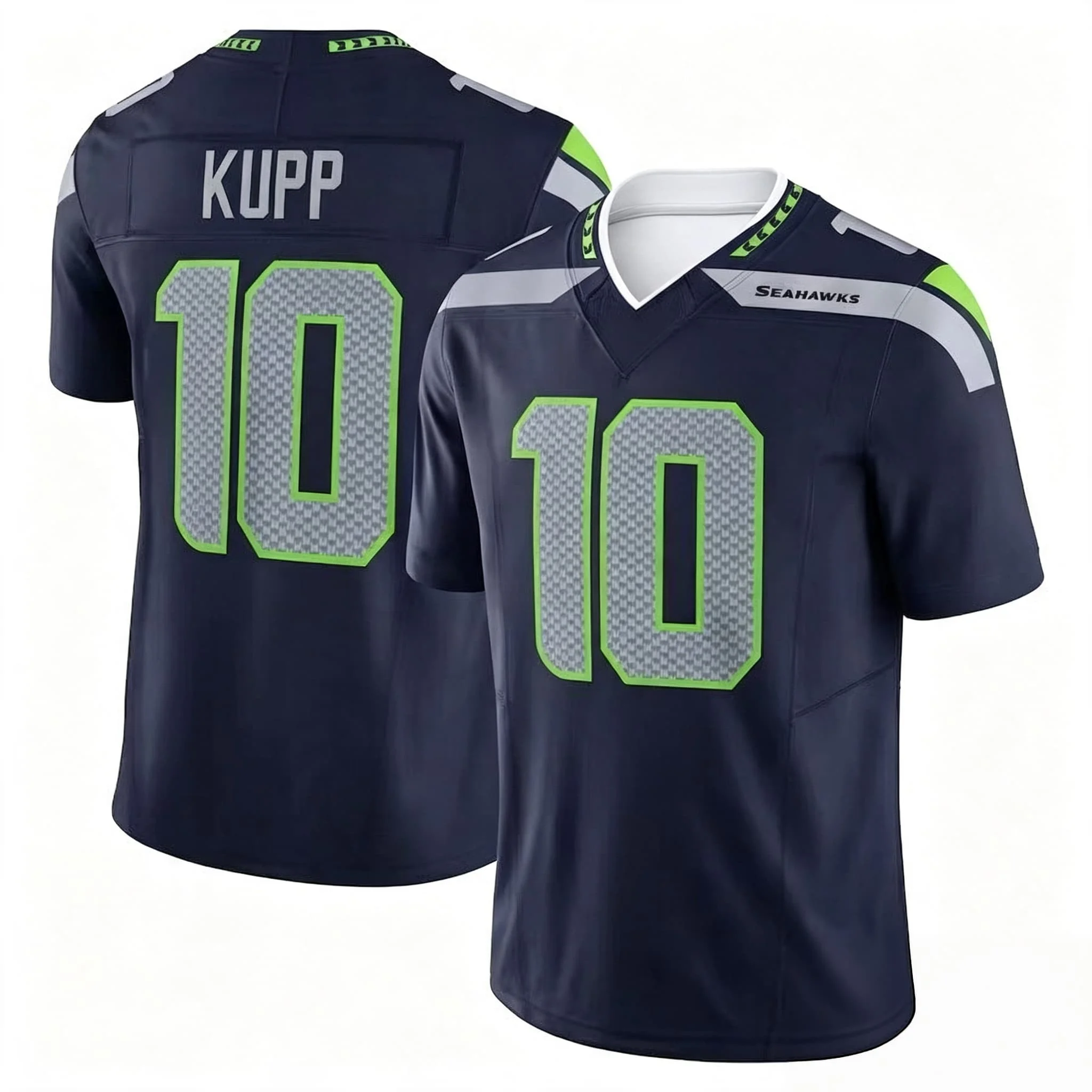 Männer Seattle # 10 Kupp Navy Heimtrikot mit Name und Nummer, V-Ausschnitt, Kurzarm, atmungsaktiv, für Sportfans, Alltagskleidung, Familien-Set – Detail 9